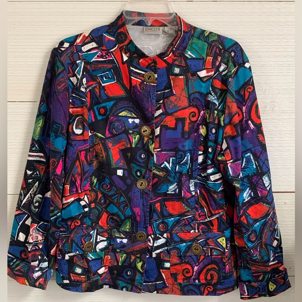 Chico’s lightweight colorful Button up Jacket.  Size 2 (Large).  Multi colored.